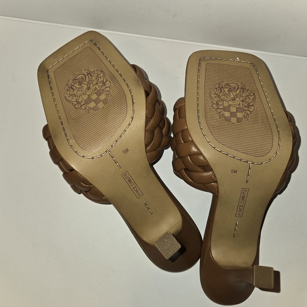 Vince Camuto Brinela Mule Heels | Barn Brown Woven Leather |Square Toe - Picture 6 of 7